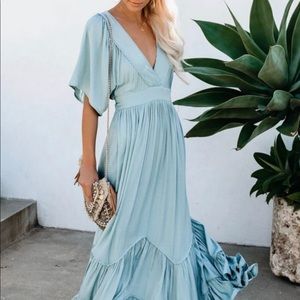 Baby Blue Frill V Neck Maxi Dress
